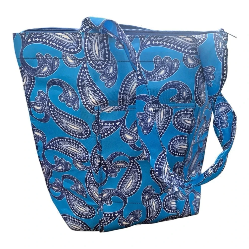 Unbranded Folding Reusable Tote Bag Set Paisley Polka‎ Dot Blue Tan 5 Piece Set